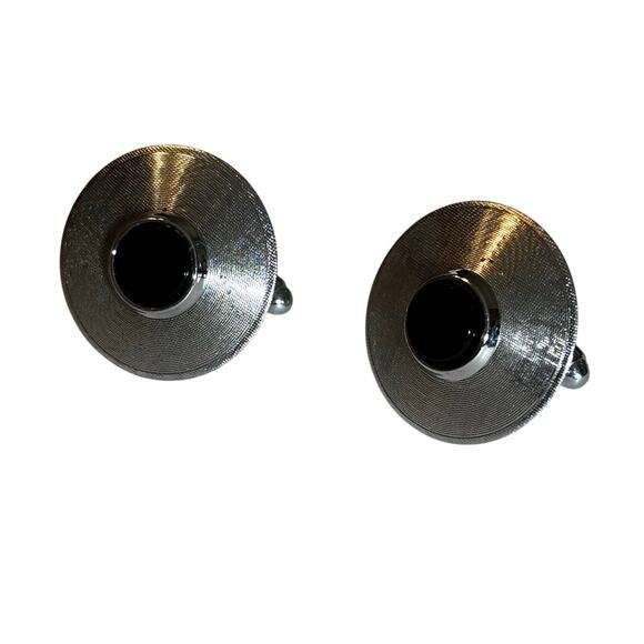 Mid Century silver textured round cufflinks with black enamel centers vintage - Picture 5 of 6